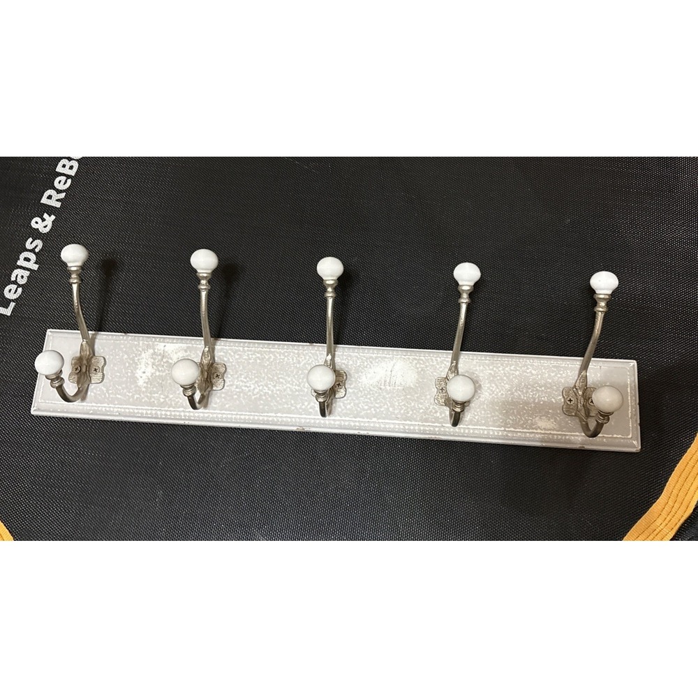 White Wood Wall CoatRack 5 Double Hooks Ceramic Knobs Shabby Chic 24"Cottagecore